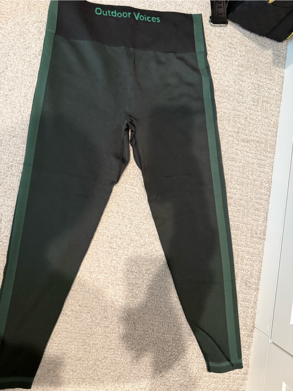 Outdoor Voices Black Leggings with Dark Green Side Stripes